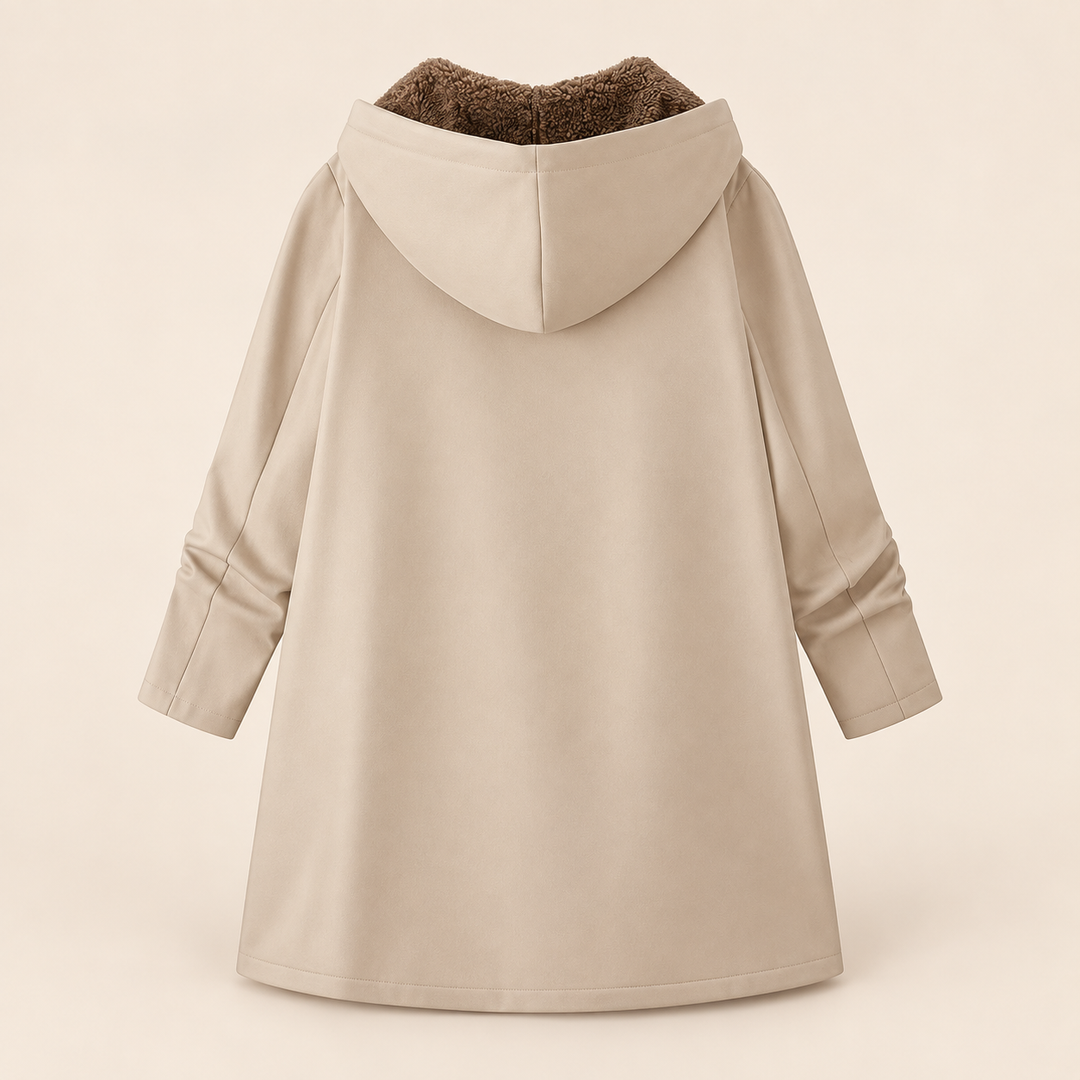 Light beige hooded longline coat by Bennett & Lowe with a cozy teddy fleece lining, stylish and warm for cold weather.