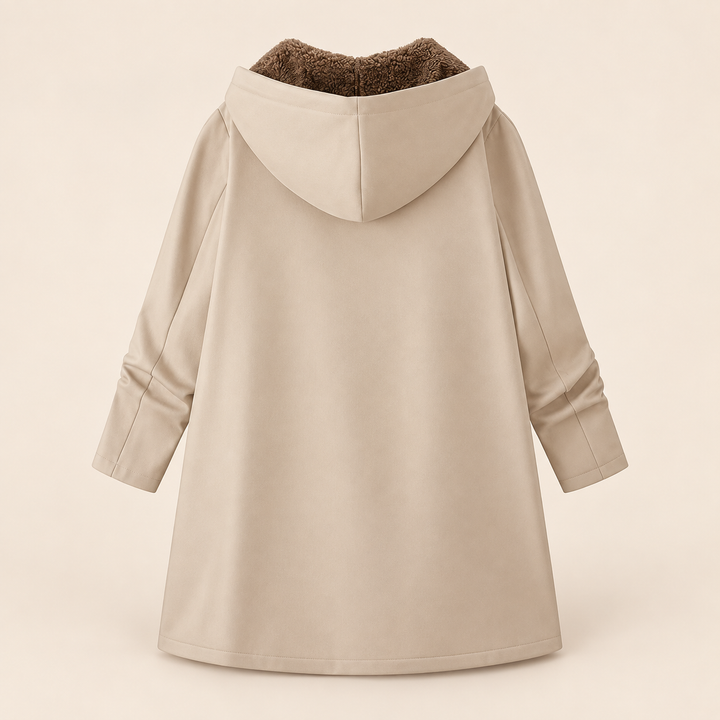 Light beige hooded longline coat by Bennett & Lowe with a cozy teddy fleece lining, stylish and warm for cold weather.