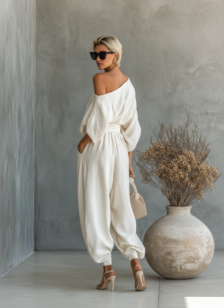 Selene relaxed draped two-piece women's set by Bennett and Lowe, featuring flowing fabric and casual style.