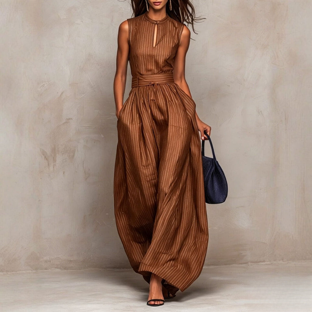 Metallic pinstripe women's jumpsuit by Bennett and Lowe, featuring a stylish fit and elegant design.
