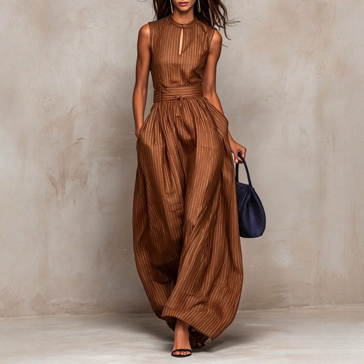 Metallic pinstripe women's jumpsuit by Bennett and Lowe, featuring a stylish fit and elegant design.