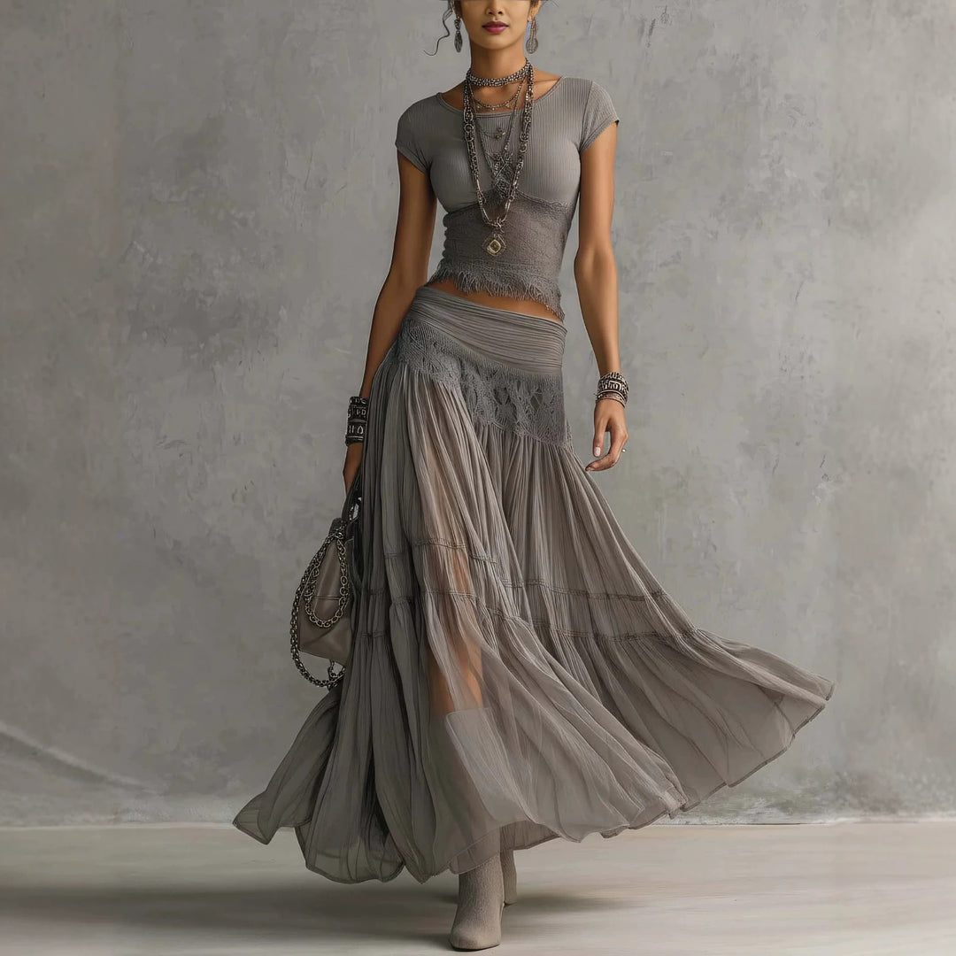 Olivia lace-paneled skirt set by Bennett & Lowe, featuring a matching top and skirt with elegant lace details.