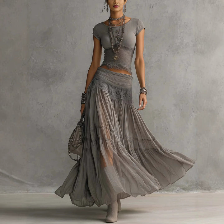 Olivia lace-paneled skirt set by Bennett & Lowe, featuring a matching top and skirt with elegant lace details.
