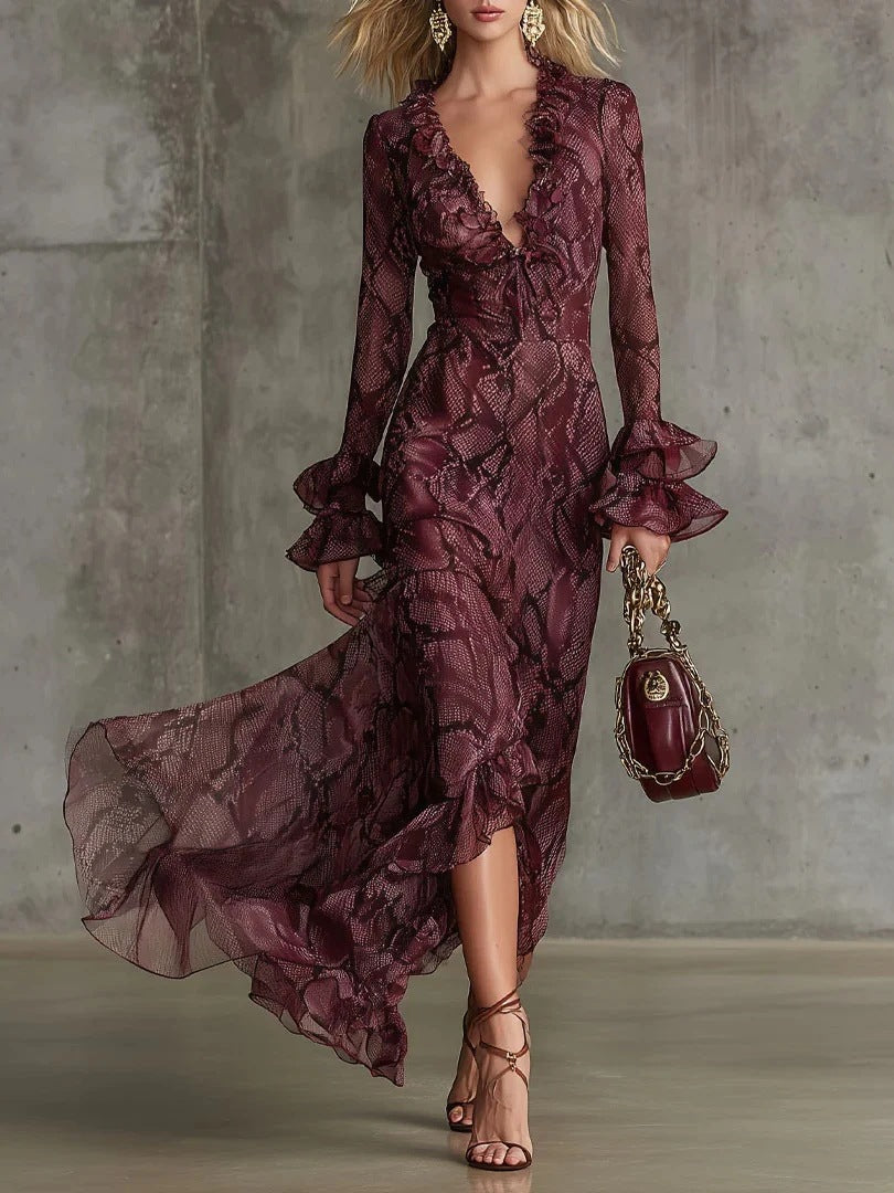 Vivienne lace print maxi dress for women by Bennett and Lowe, featuring a flowing silhouette and intricate lace patterns.