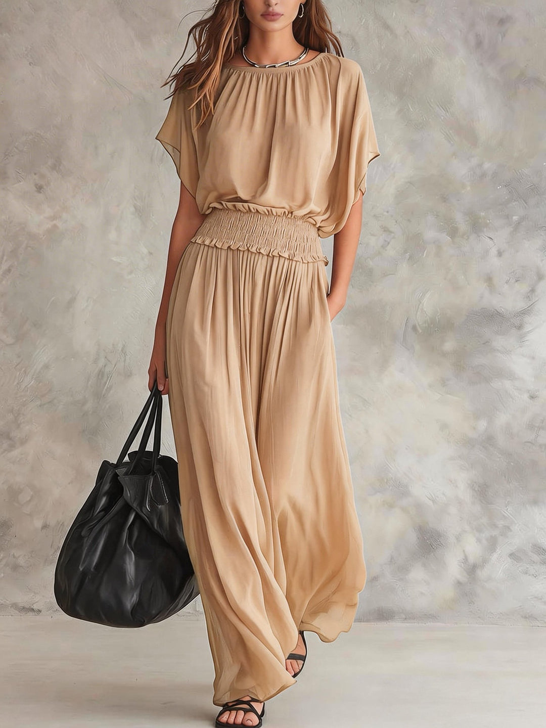 Romi wide-leg draped set by Bennett and Lowe featuring flowy fabric and relaxed fit, shown in a stylish, casual outfit.
