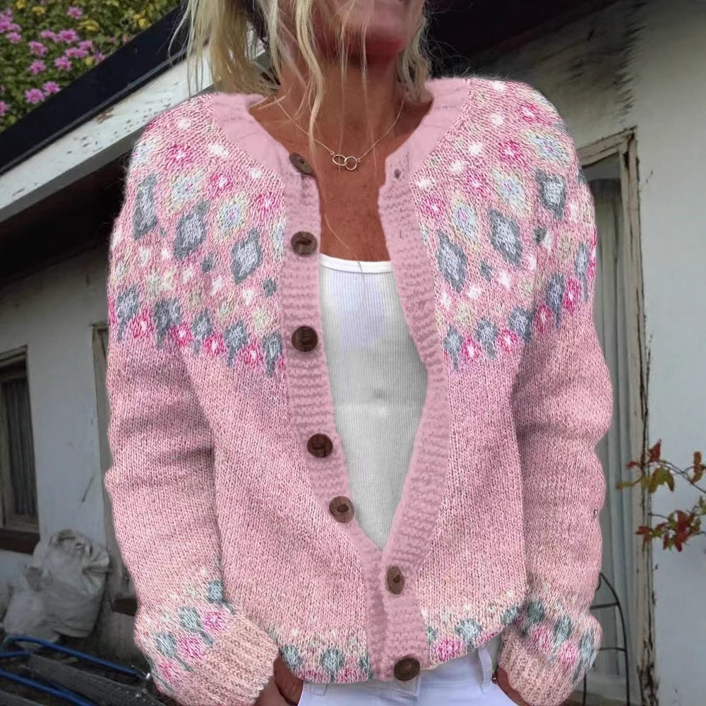 Junella Bennett and Lowe two-tone knit cardigan with long sleeves and button closure, featuring a cozy, stylish design.