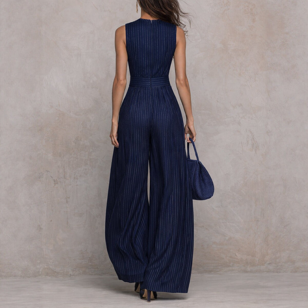 Bennett and Lowe Celeste metallic pinstripe jumpsuit for women, showcasing the stylish fit and shiny fabric details.