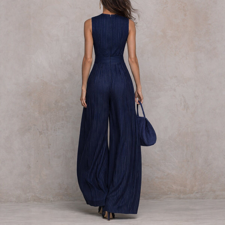 Bennett and Lowe Celeste metallic pinstripe jumpsuit for women, showcasing the stylish fit and shiny fabric details.