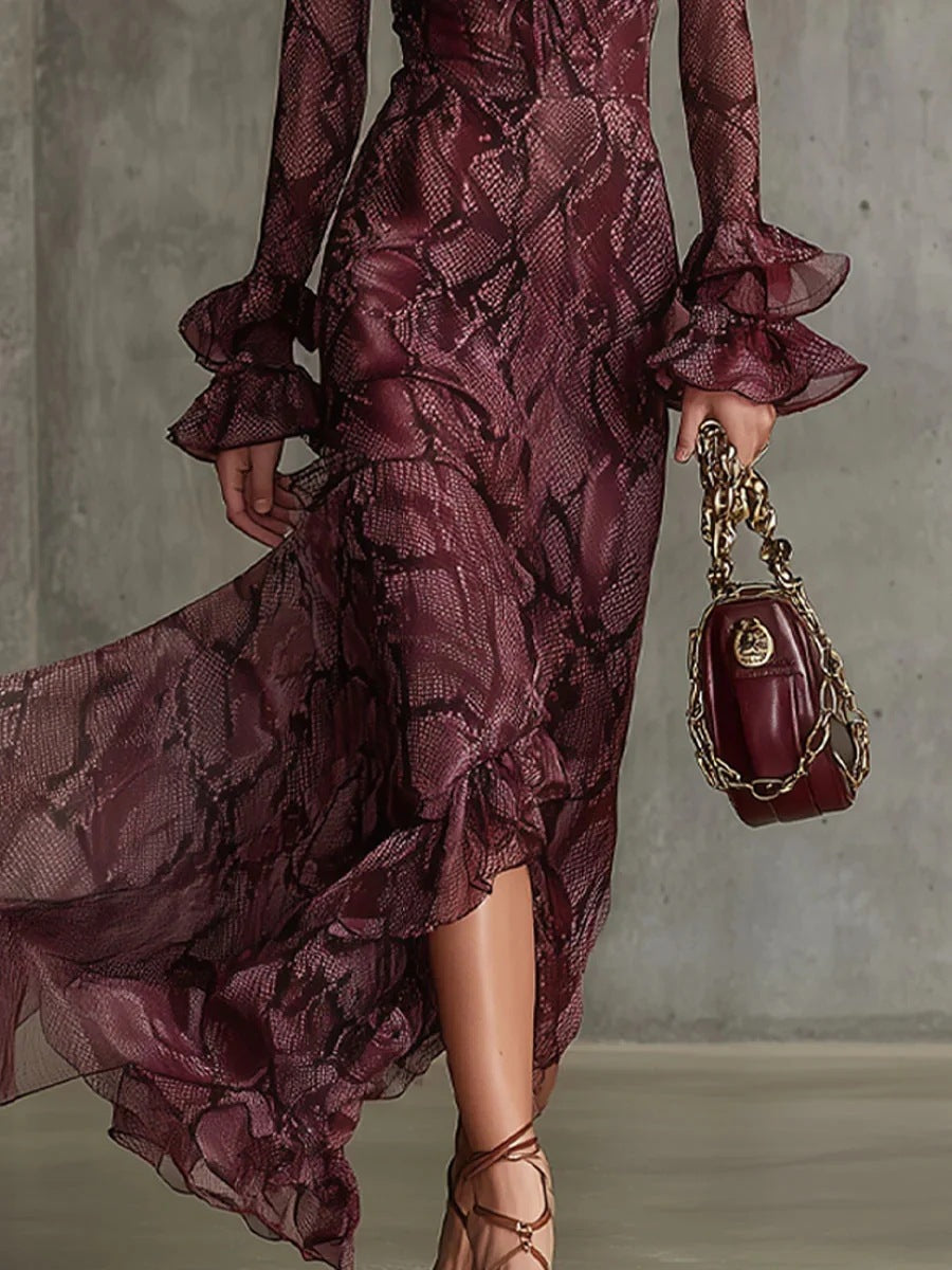 Vivienne lace print maxi dress for women by Bennett and Lowe, showcasing a flowing silhouette with intricate lace patterns.