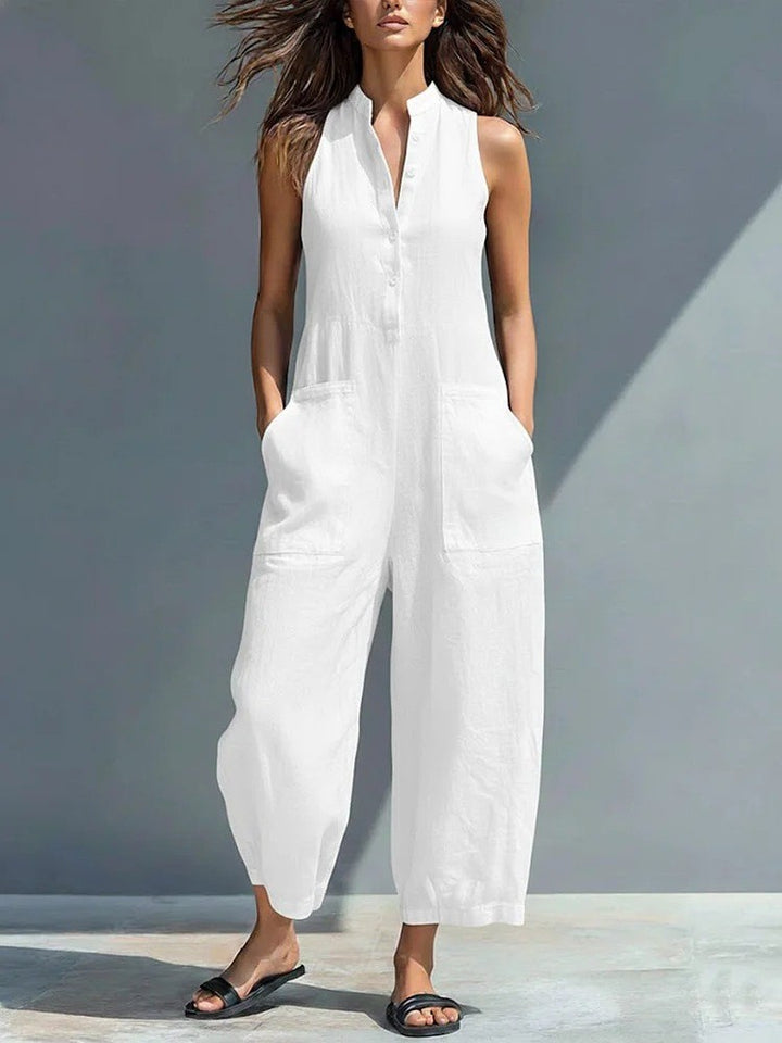 Lotte™ sleeveless minimalist jumpsuit from My Store 2, featuring a sleek, modern design with a fitted waist and clean lines.