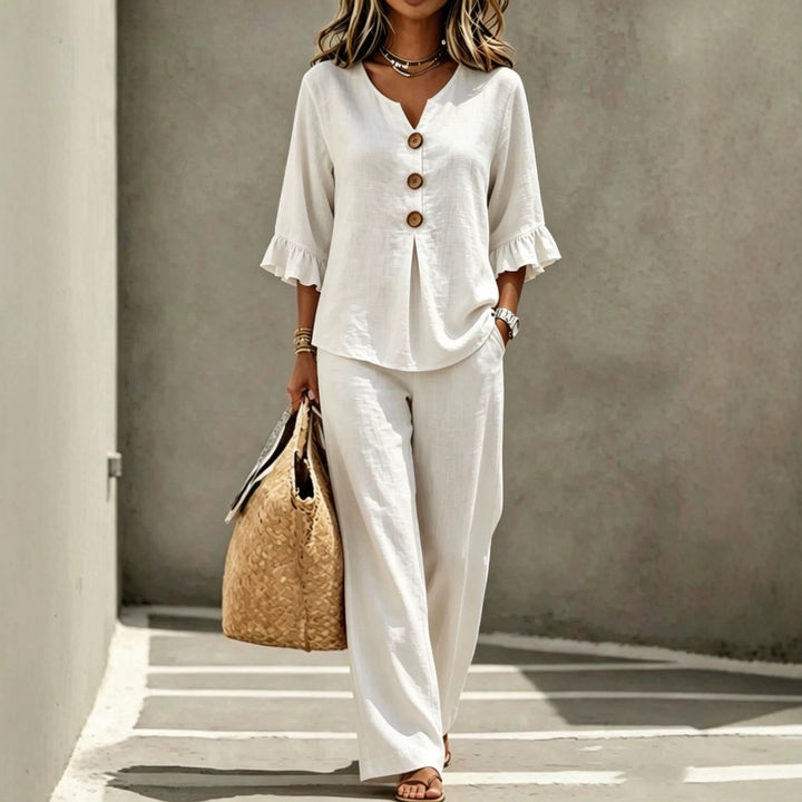 Sienna Bennett and Lowe ruffle-sleeve two-piece women's set featuring a stylish top and matching skirt in lightweight fabric.