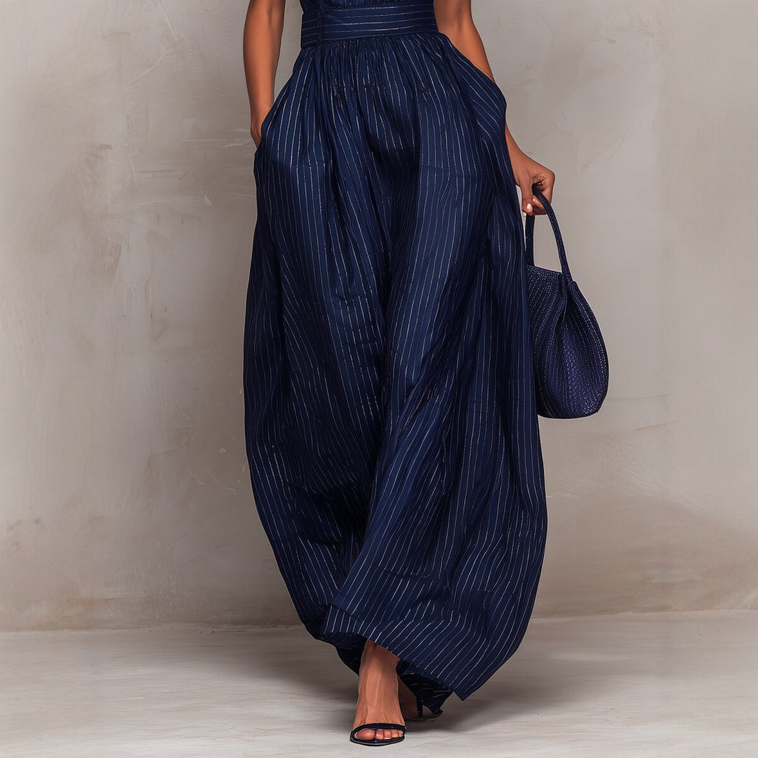 Metallic pinstripe jumpsuit for women by Bennett and Lowe, featuring a stylish fit and elegant design.