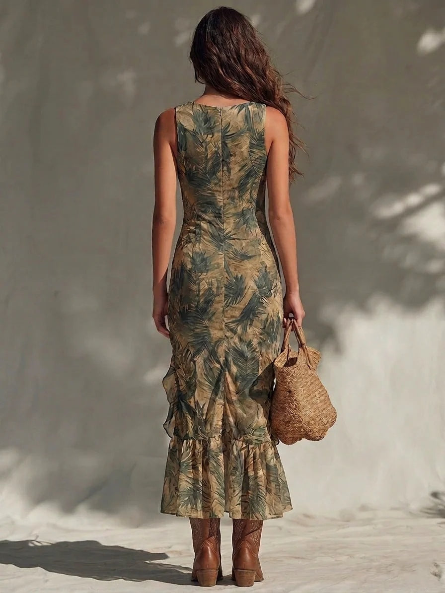 Tropical Savannah midi dress by Bennett and Lowe featuring ruched details and vibrant tropical print, sleeveless with a fitted silhouette.