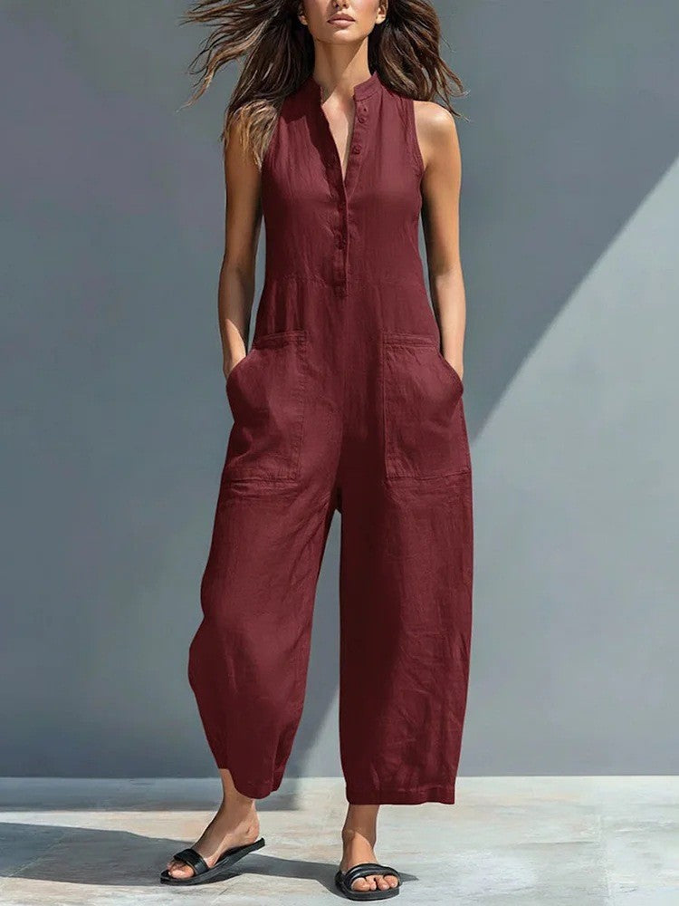 Lotte™ sleeveless minimalist jumpsuit from My Store 2, featuring a sleek, simple design and fitted waist in soft fabric.