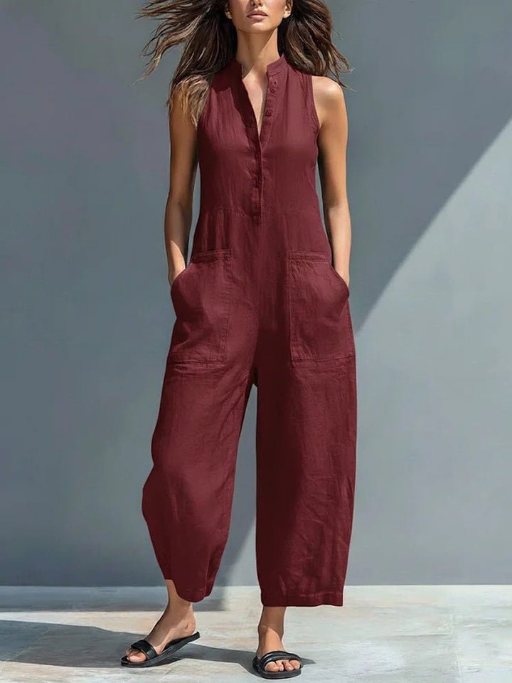 Lotte™ sleeveless minimalist jumpsuit from My Store 2, featuring a sleek, simple design and fitted waist in soft fabric.