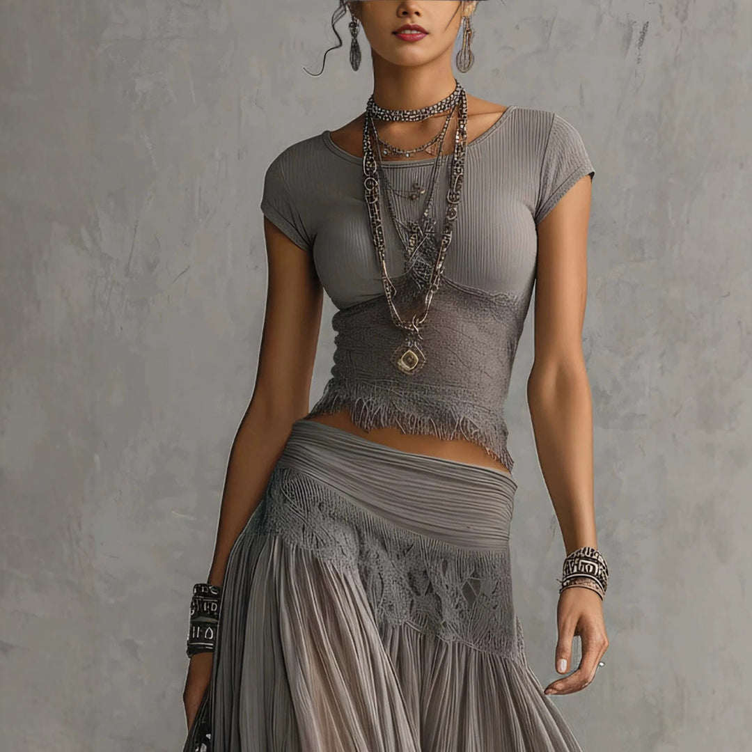 Olivia lace-paneled skirt set by Bennett & Lowe featuring a matching top and skirt with delicate lace details.