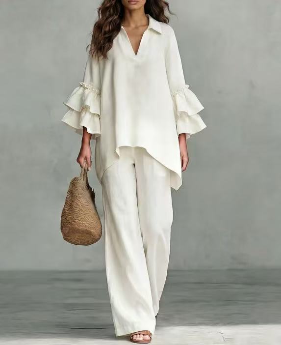 Paloma Bennett and Lowe ruffle-tier two-piece women's set with flowy fabric and layered ruffle details on top and skirt.