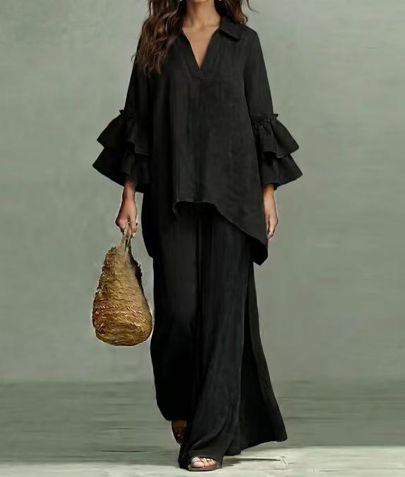 Paloma ruffle-tier two-piece women's set by Bennett and Lowe, featuring a stylish top and matching skirt with layered ruffles.