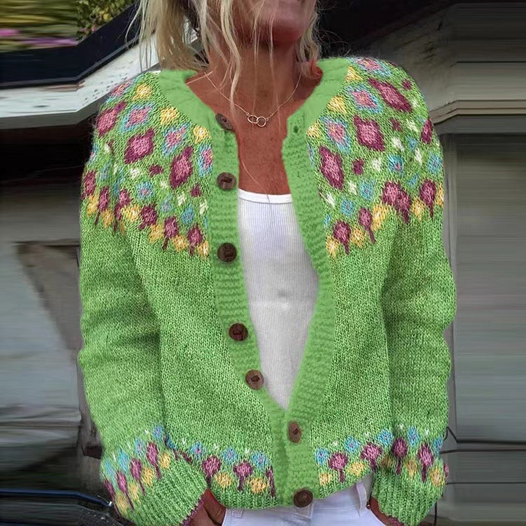 Junella Bennett and Lowe two-tone knit cardigan featuring a stylish, cozy design with contrasting colors and a button-front closure.