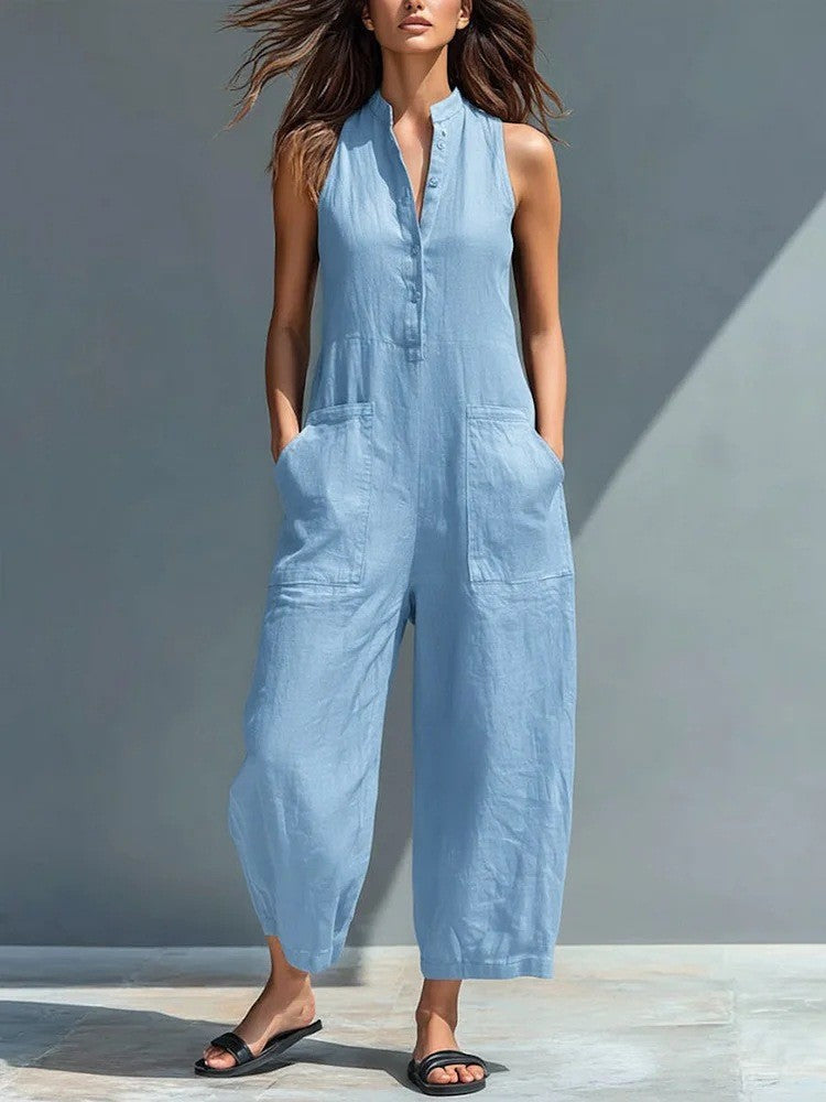 Lotte™ sleeveless minimalist jumpsuit by My Store 2, featuring a sleek design and fitted silhouette, displayed on a mannequin.