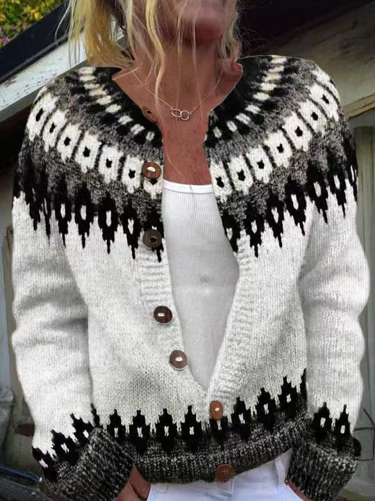 Junella two-tone knit cardigan by Bennett and Lowe, featuring a stylish, cozy design with button closure and ribbed cuffs.