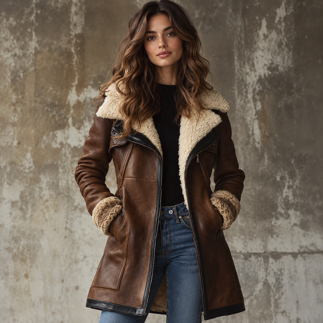 Bennett and Lowe Brenna long aviator zip-front coat with vintage leather finish and faux fur collar for women.