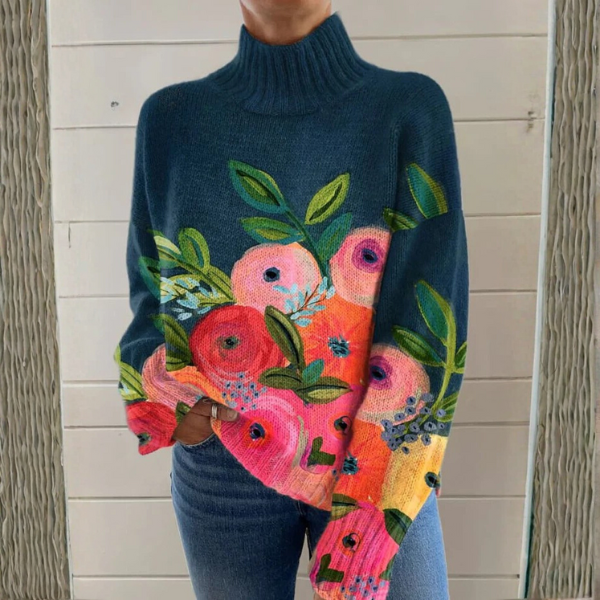 Floral embroidered turtleneck knit sweater by Bennett and Lowe, featuring detailed floral embroidery on a cozy knit fabric.