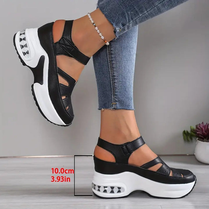 Bennett and Lowe Odile cutout platform wedge sneaker in black with orthopedic sandal-inspired design