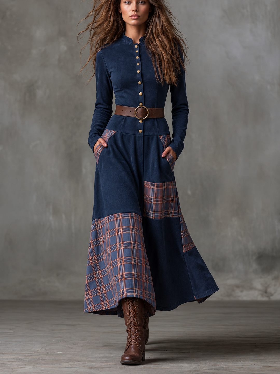 Helena Ivy | Belted Plaid Long-Sleeve Maxi Dress for Women