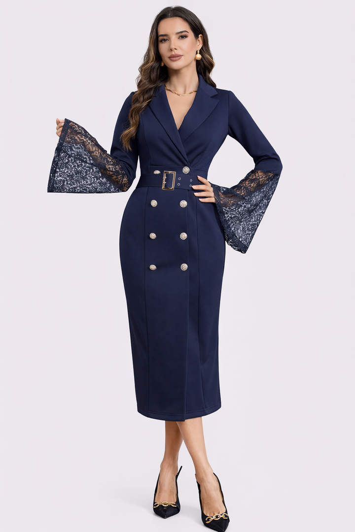 Heather | Belted Lace-Sleeve Midi Dress for Women