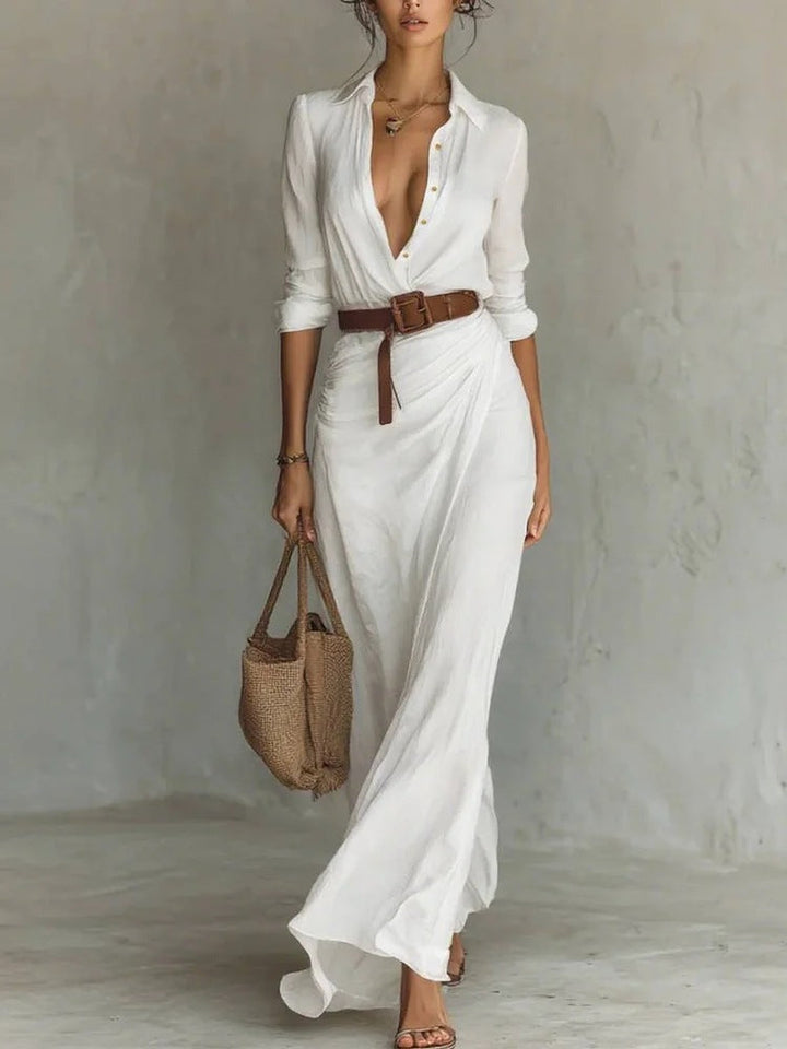 Una | Lapel V-Neck Belted Wrap Maxi Dress for Women