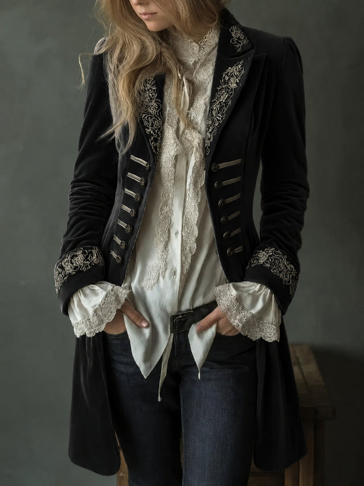 Marissa embroidered double-breasted coat by Bennett and Lowe, shown in a stylish woolen fabric with detailed embroidery.