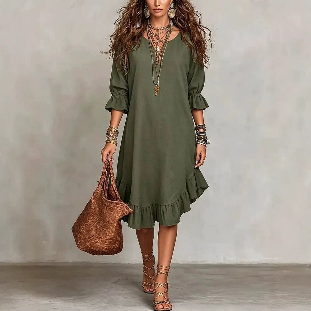 Juanita™ Ruffle Hem Midi Dress by Bennett and Lowe featuring a flowy fabric, ruffled hem, and a stylish midi length.