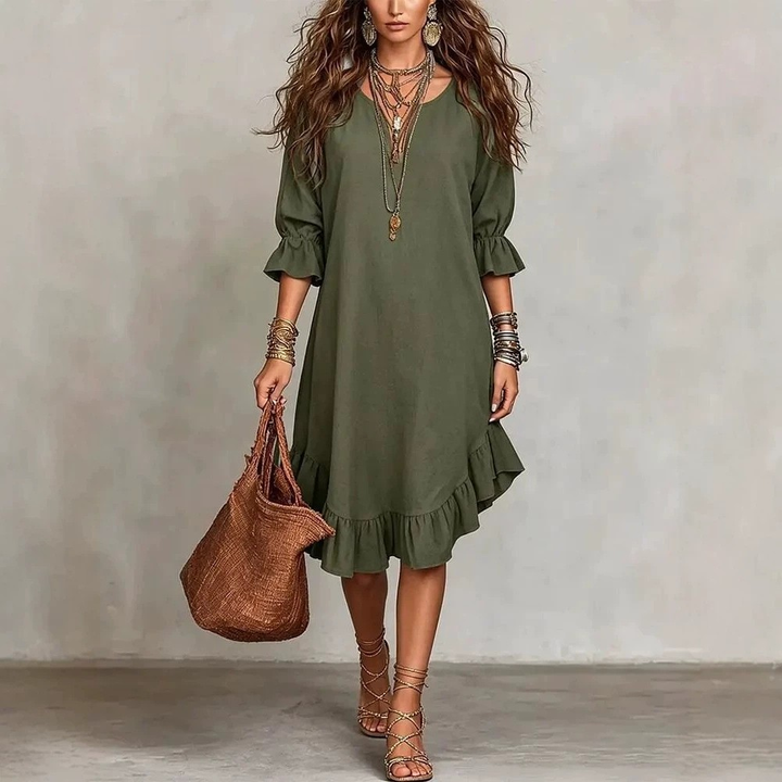 Juanita™ Ruffle Hem Midi Dress by Bennett and Lowe featuring a flowy fabric, ruffled hem, and a stylish midi length.