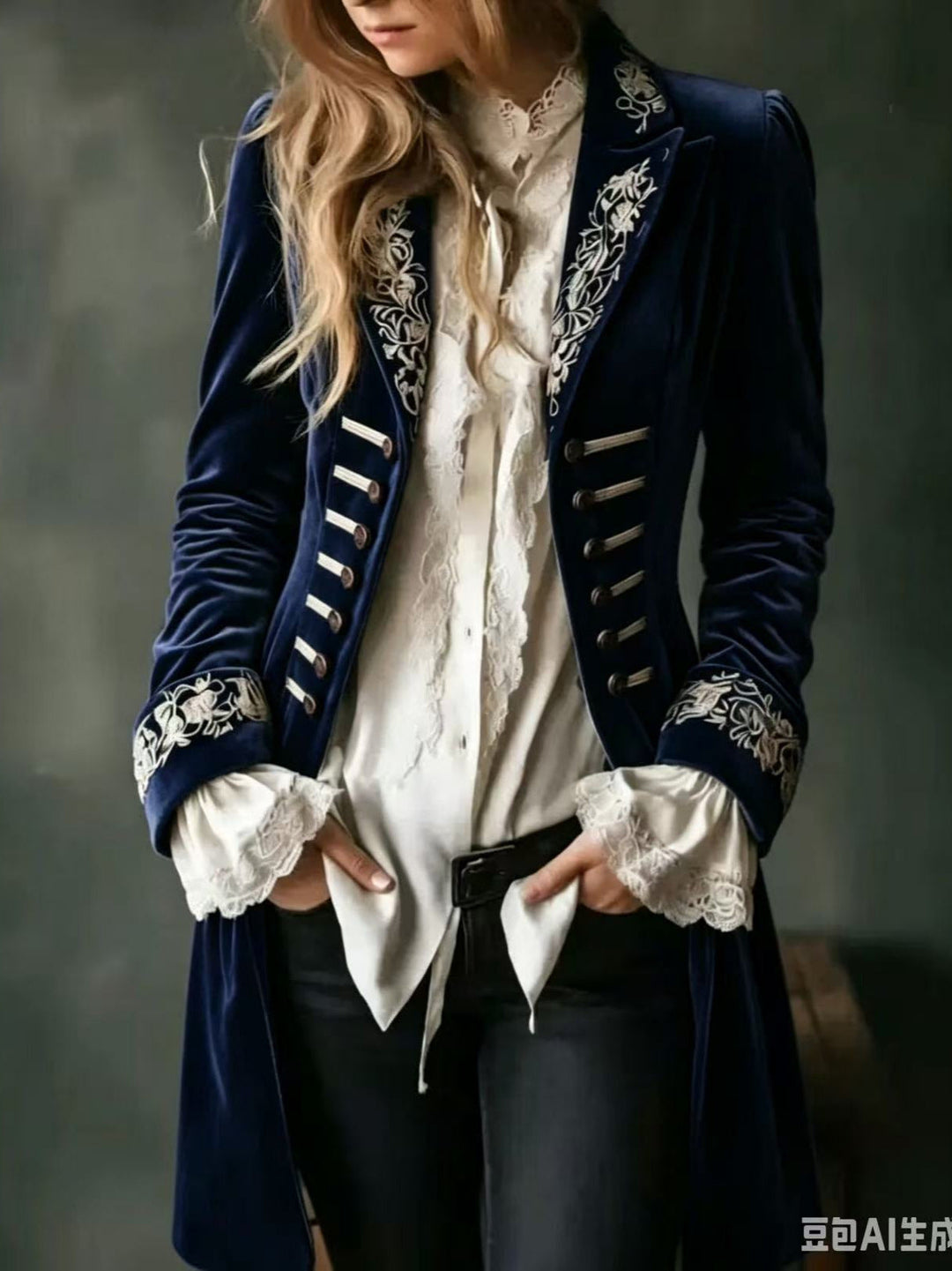 Marissa Bennett and Lowe embroidered double-breasted coat shown on a hanger, featuring intricate embroidery and classic tailoring.