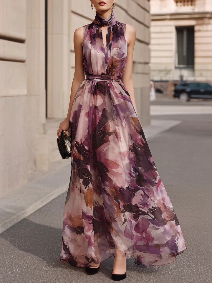 Seraphina floral tie-neck belted maxi dress for women by Bennett and Lowe, featuring a flowing fabric and elegant floral pattern.
