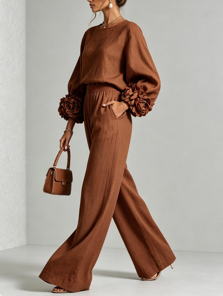 Rosalie | Floral-Cuff Top and Wide-Leg Pants Two-Piece Set for Women