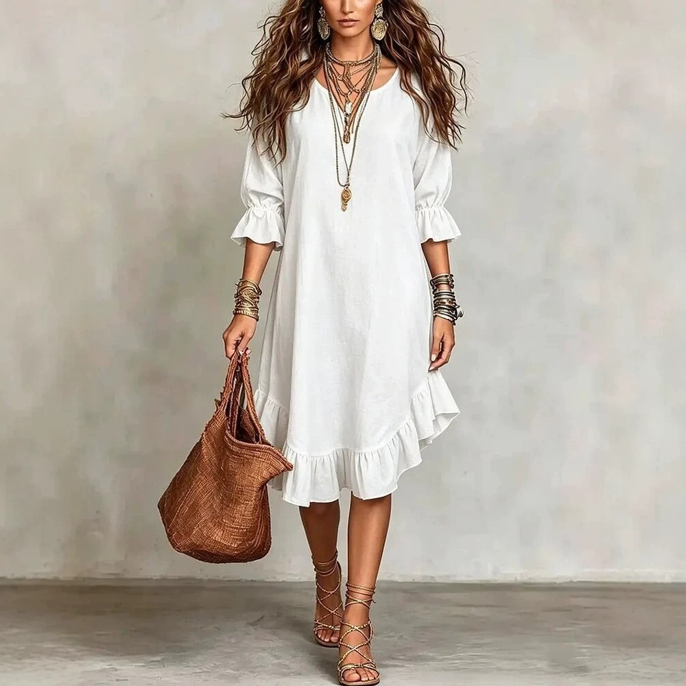 Juanita™ Ruffle Hem Midi Dress by Bennett and Lowe, shown in a soft fabric with ruffle details at the hem and a fitted bodice.