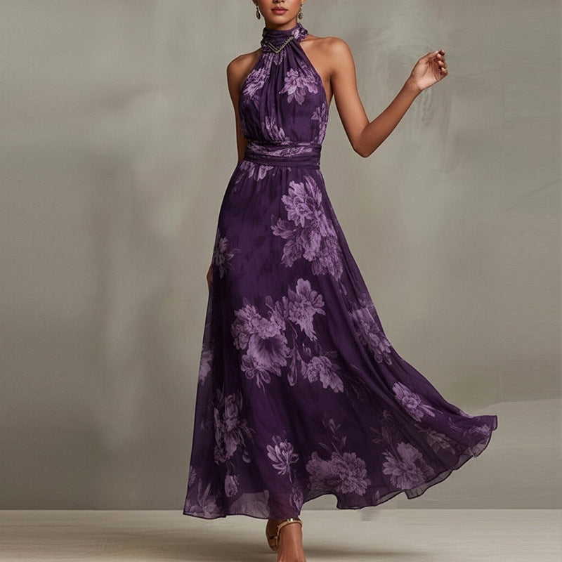 Elara floral halter-neck maxi dress for women by Bennett and Lowe, featuring a vibrant floral pattern and flowing silhouette.