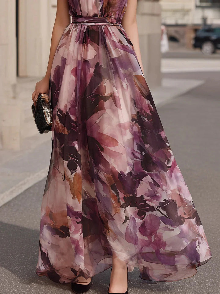 Seraphina floral tie-neck belted maxi dress for women by Bennett and Lowe, featuring a flowy fabric and elegant design.