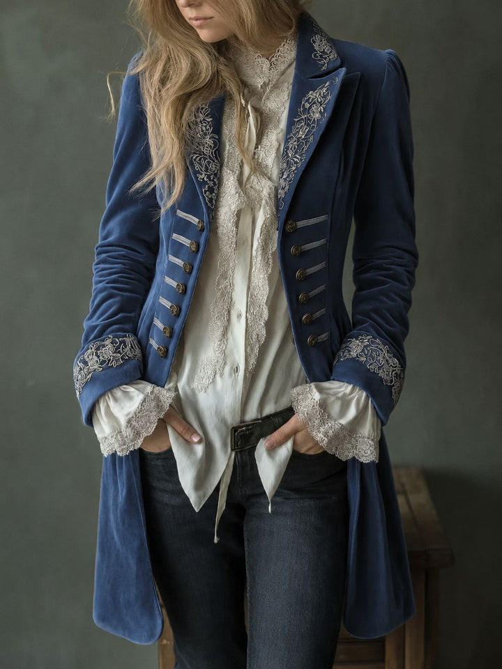 Marissa embroidered double-breasted coat by Bennett and Lowe featuring intricate embroidery and classic tailored design.
