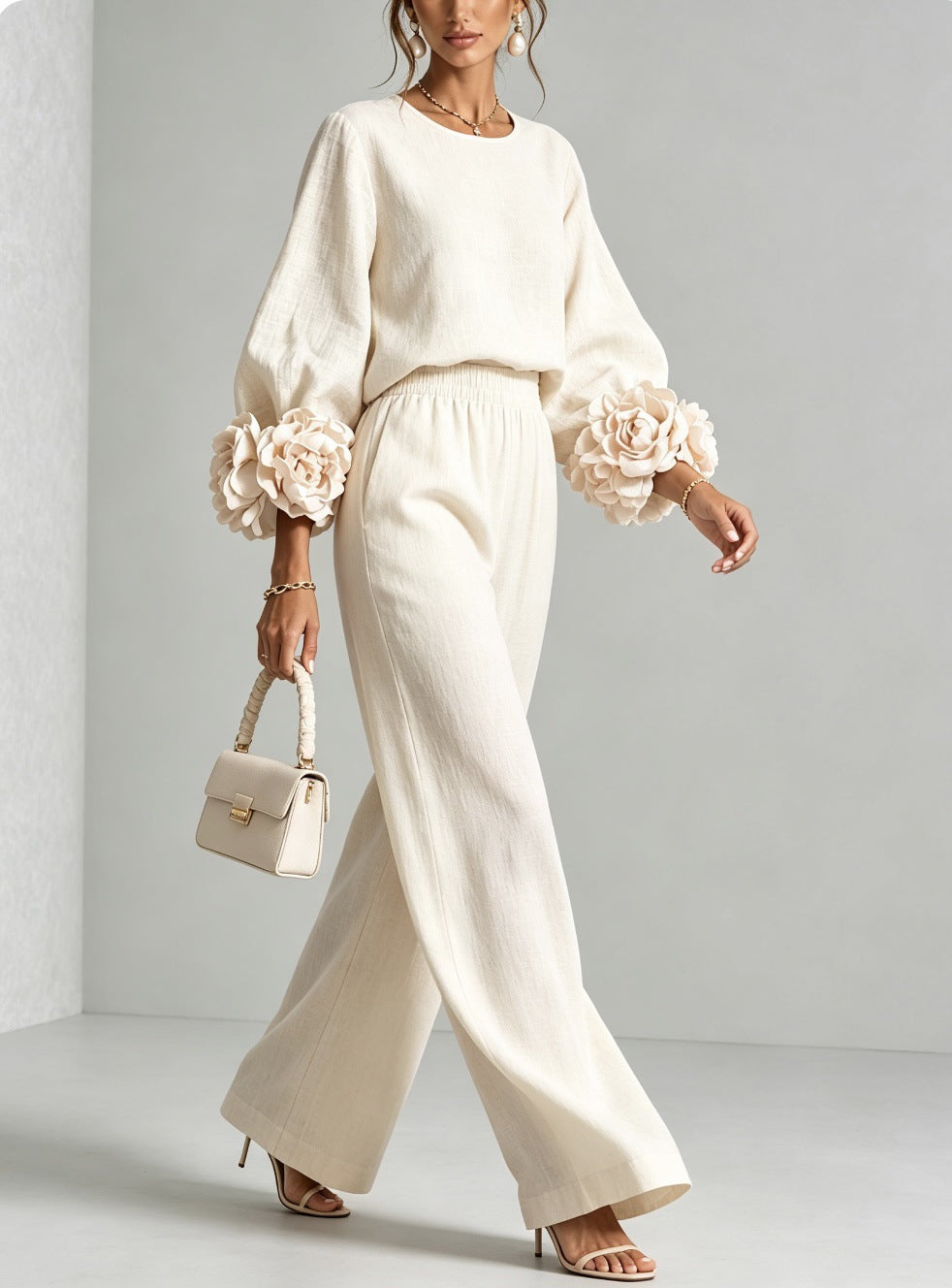 Rosalie | Floral-Cuff Top and Wide-Leg Pants Two-Piece Set for Women