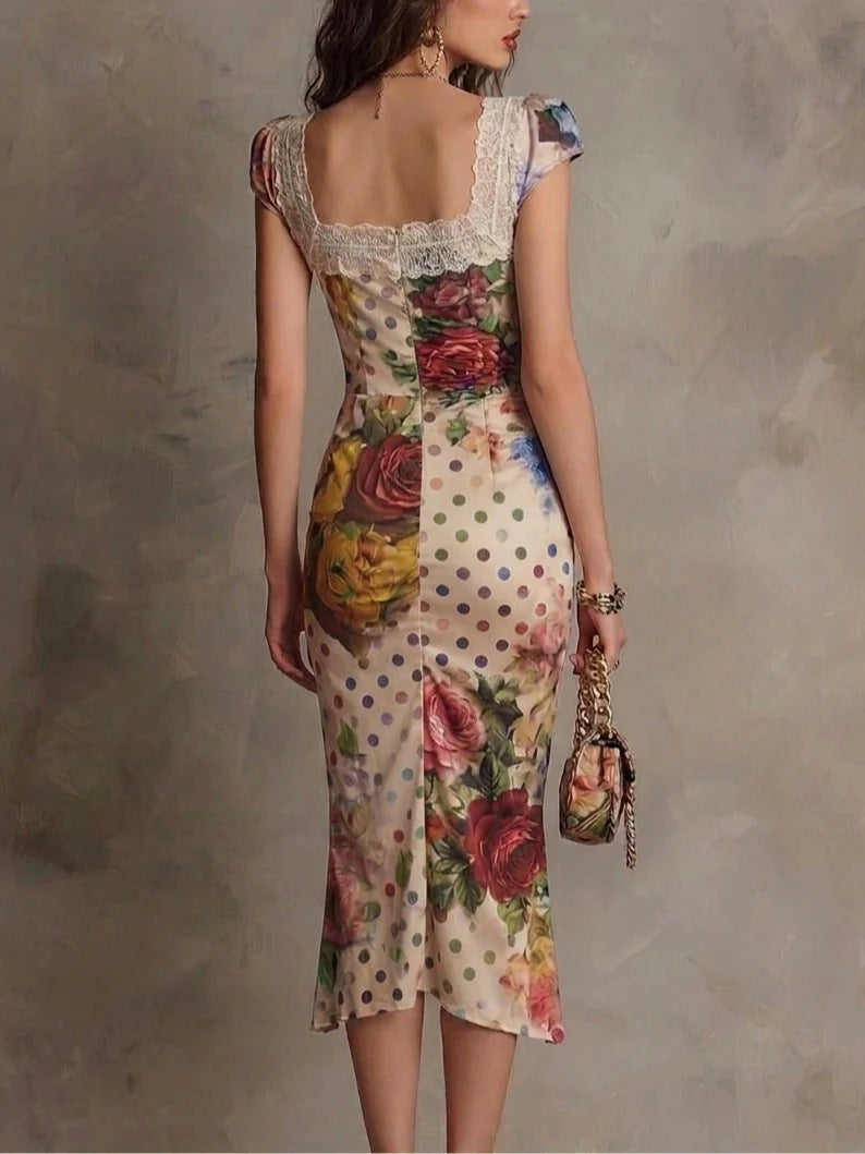 Delphine mixed-print ruched lace midi dress for women, featuring floral and abstract patterns with elegant lace details.