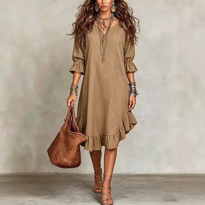 Juanita™ Ruffle Hem Midi Dress by Bennett and Lowe, featuring a flowy silhouette with ruffle details at the hem.