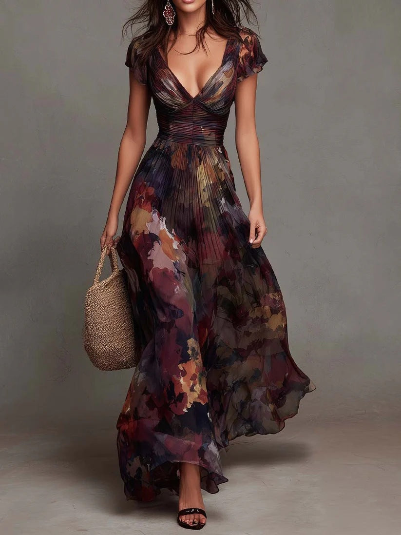 Watercolor floral pleated maxi dress for women by Bennett and Lowe featuring Camellia print and flowing fabric.