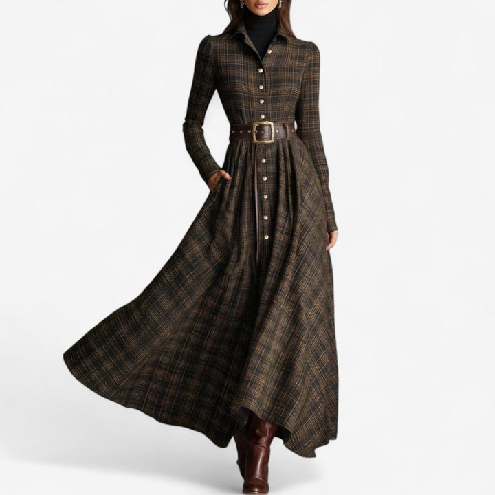 Celene | Plaid Button-Front Belted Long-Sleeve Maxi Dress for Women