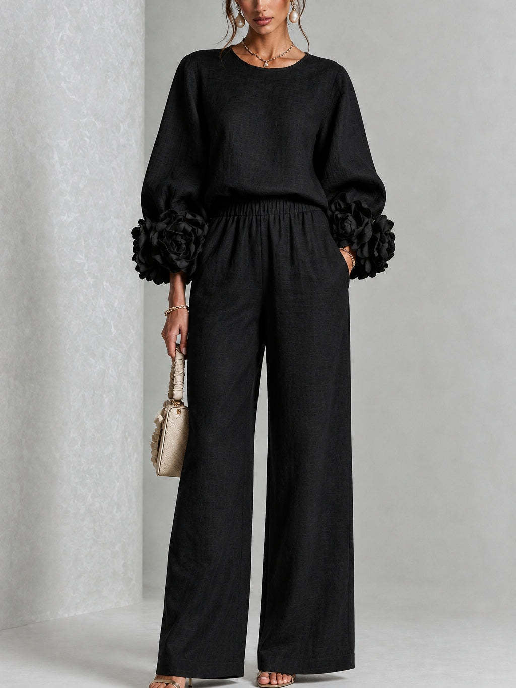 Rosalie | Floral-Cuff Top and Wide-Leg Pants Two-Piece Set for Women