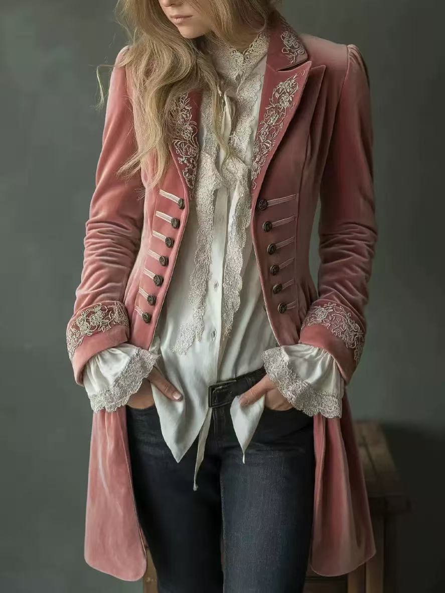 Marissa embroidered double-breasted coat by Bennett and Lowe, featuring intricate embroidery and classic tailored design.