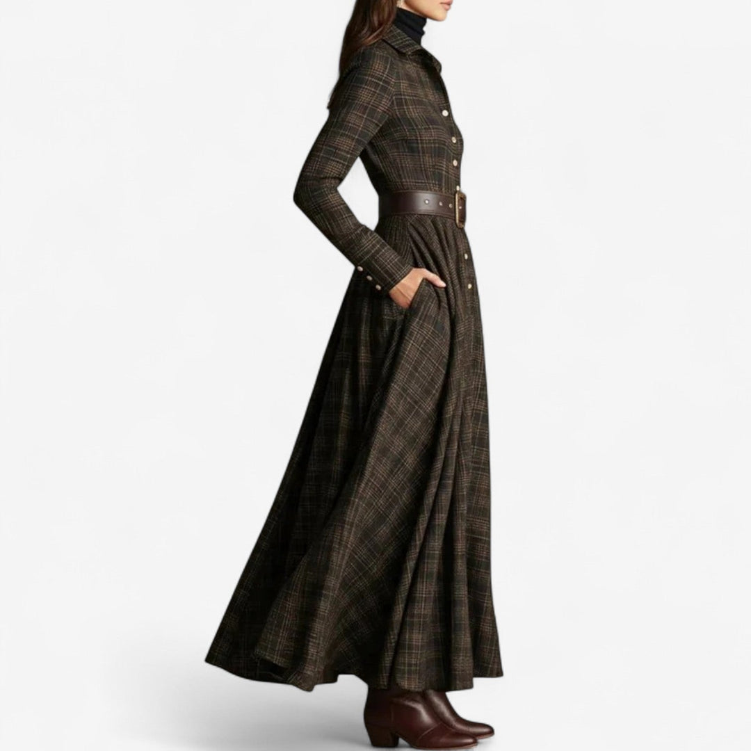 Celene | Plaid Button-Front Belted Long-Sleeve Maxi Dress for Women