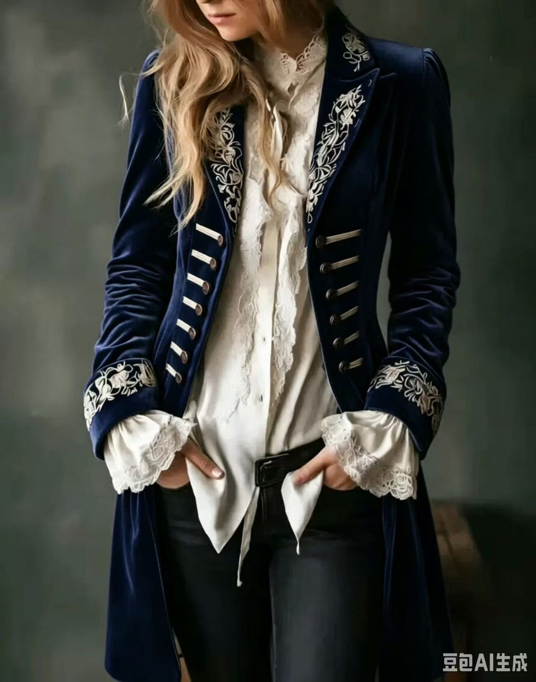 Marissa Bennett and Lowe embroidered double-breasted coat with detailed stitching and classic design, shown on a model.